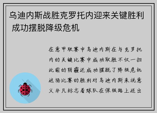 乌迪内斯战胜克罗托内迎来关键胜利 成功摆脱降级危机